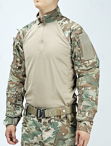  Herren Kampfhemd Hemd Wanderer Taktisches Militärhemd Langarm Viertel Postleitzahl Shirt Außen Atmungsaktiv Weich Polyester Patchwork Schwarz Armeegrün Raue Schwarz Fitnessstudio Klettern Camping