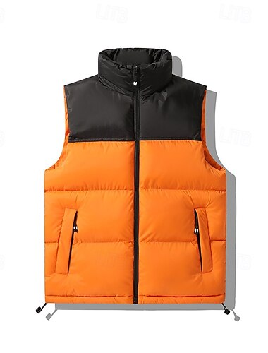  בגדי ריקוד גברים אפוד למטה אפוד פאפר וסט Gilet יומי פגישה (דייט) חופשה אופנתי יום יומי סתיו חורף טלאים כיס פוליאסטר שמור על חום הגוף נוח קולור בלוק רוכסן עומד רגיל שחור פול כתום ירוק צבאי אֵפוֹד