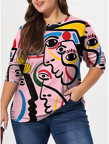  Damen-T-Shirt in Übergröße mit abstraktem Aufdruck, langärmelig, Rundhalsausschnitt, lässig, für den Alltag, Herbst/Winter, Weiß/Rosa