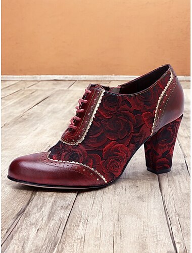  Rote Oxford-Schuhe mit Blumenmuster und Absatz für Damen – Vintage-Brogue-Design mit Rosenmuster für Retro- und Steampunk-Stile