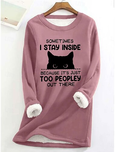  Sudadera para mujer, con forro polar, con letras de gato, informal, de calle, de peluche, cómoda, con cuello redondo, manga larga, microelástica, para otoño&amp;Tejido suave, transpirable y cómodo