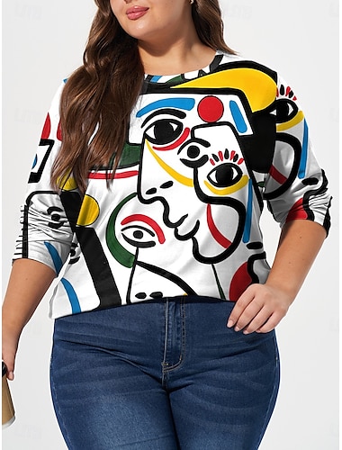  dames plus size tops t-shirt tee abstract print lange mouw ronde hals casual dagelijks herfst winter wit roze