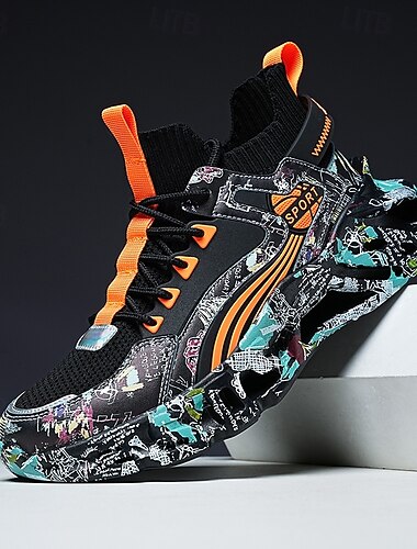  baskets montantes à motif graffiti pour hommes – chaussures de sport streetwear colorées avec fermeture à lacets, tige en mesh respirant pour une tenue décontractée et sportive