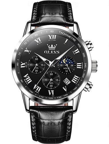  OLEVS Mænd Kvarts Ur Udendørs Sport Mode Ur Månefase Luminiscerende Kalender Chronograph Læder Ur