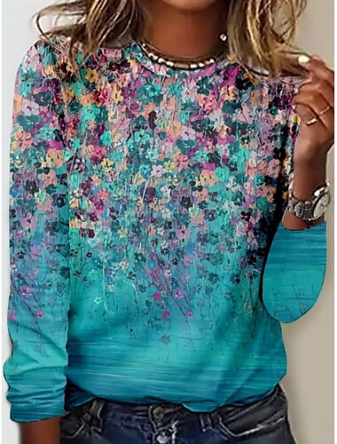  Dames Tuniek T-shirt Mode Casual Print Lange Mouwen Reguliere Tops Ronde Hals Dagelijks Blauw Paars Lente Herfst