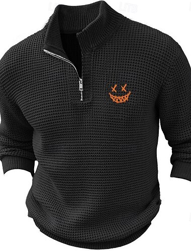  Hombre Suéter de punto Jersey con cremallera Suéter Polo Cuello con cremallera Retro Antiguo Casual Ropa de fiesta de noche Diario Bordado Tejido en Punto Cálido Manga Larga Otoño Invierno Negro