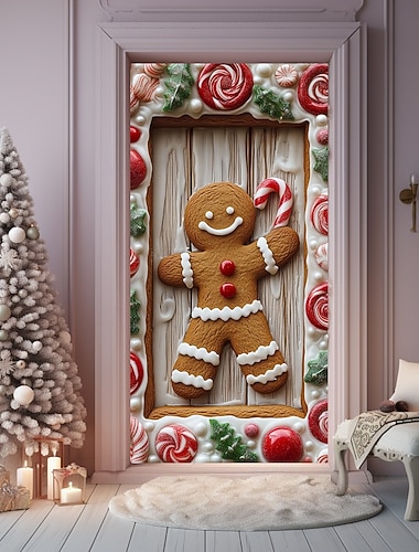  クリスマスドアデコレーション、ドアカバー、クリスマスジンジャーブレッド、キャンディケイン、ドアタペストリー、ドアカーテン、装飾背景、屋内/屋外用ドアバナー、玄関ドア用、農家のホリデーパーティー装飾用品