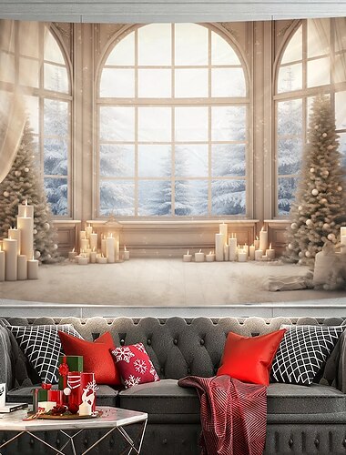  クリスマスの飾り 吊り下げタペストリー 壁アート クリスマス 白い窓の景色 大きなタペストリー 壁画 装飾 写真 背景 ブランケット カーテン 自宅 寝室 リビングルーム