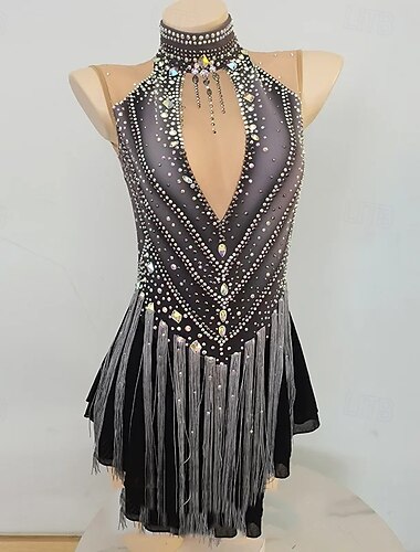  Eiskunstlaufkleid Damen Mädchen Eislaufen Kleid Grau Patchwork Netzstoff Hohe Elastizität Training Wettbewerb Eiskunstlaufkleidung Klassisch Kristall / Strass Langarm Eislaufen Eiskundstlauf