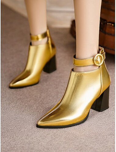  Damen-Stiefeletten in Metallic-Silber mit spitzer Spitze, Blockabsatz und Riemen mit Ringschnalle – perfekt für Partys und Mode-Events