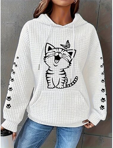  Sudadera con capucha para mujer, sudadera con capucha con estampado de gato para uso diario, informal, de manga larga, microelástica, cómoda, transpirable, de tejido suave para otoño e invierno