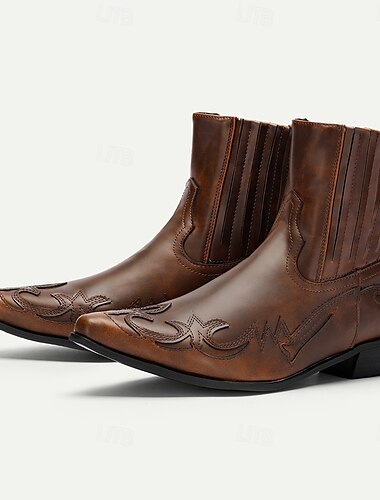  braune und blaue Western-Cowboystiefel für Herren – besticktes Kunstlederdesign für den Freizeit- und Country-Stil