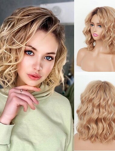  kort lag ombre blonde bølgete bob parykker for hvite kvinner mellomlang blonde krøllete parykk syntetisk naturlig utseende daglig festparykk