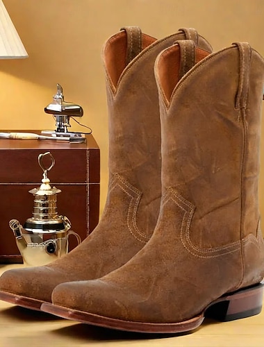  Botas vaqueras occidentales de piel sintética vintage para hombre: diseño clásico de punta cuadrada para rodeo, rancho y ropa informal