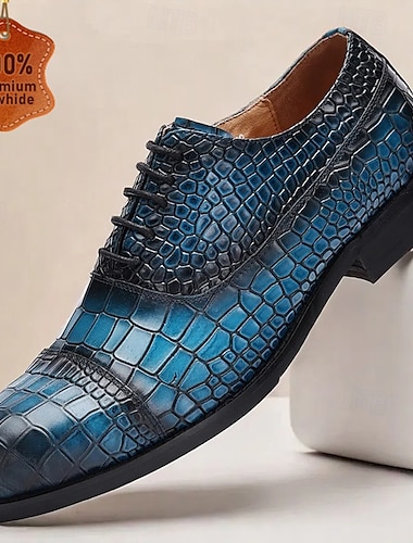  Heren blauwe krokodillen gebosseleerde runderleren oxford schoenen – elegante veterschoenen voor formele gelegenheden en zakelijke kleding