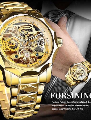  שעון מכני FORSINING לגברים שעון יוקרתי עם פניה גדולה שעון עסקי חיצוני פתח חקיקה אוטומטי טורביולון זוהר רצועת נירוסטה