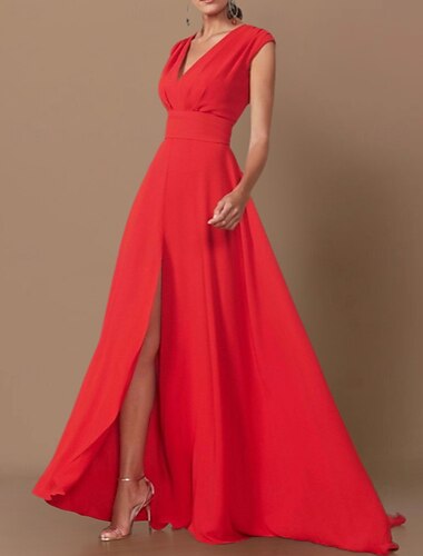 Vestido de noche A-Line Elegante vestido Invitada de boda Formal Noche Longitud de suelo Sin mangas Vestido de dama de honor Cuello en V Chifón con abertura 2025