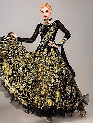  رقص الصالة فستان تطريز ربط كريستال / أحجار الراين نسائي أداء مناسب للحفلات كم طويل تول حرير الثلج