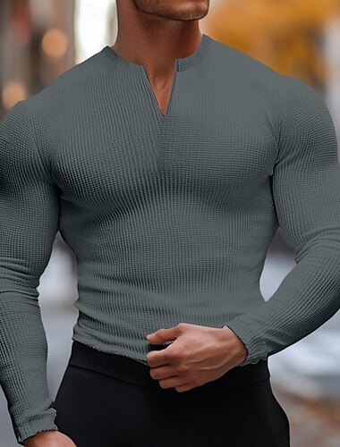  Herren Waffel T-Shirt T-Shirt Langarmshirt Langarm V Ausschnitt Tiefer V-Ausschnitt Sommer Einfarbig Täglich Lässig Streetstyle V-Ausschnitt Outdoor Straße Lässig Dunkelgrau Schwarz Weiß Top T-Shirt