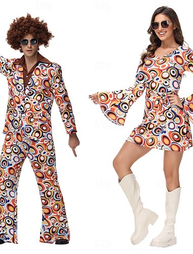  Cosplay Couples Costume de carnaval Tenue Adulte Homme Femme Hippie Années 70 Disque Soirée Carnaval Mascarade mardi Gras Costume de carnaval facile