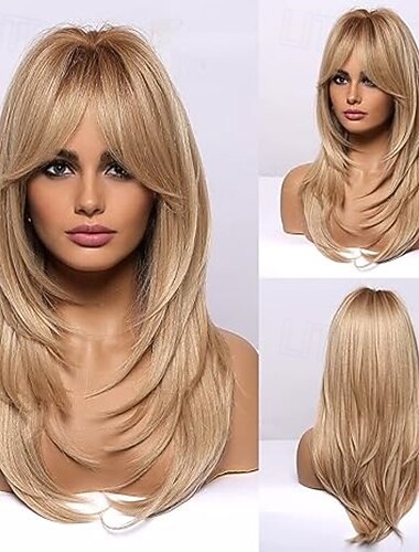  perucas longas de cabelo sintético em camadas para mulheres com franja