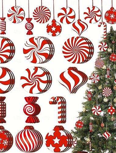  12 stk/sett julepynt i tre, peppermyntegodteri, feriedekorasjoner, juletre hengende dekorasjoner, treutskåret peppermyntegodteri, peppermynte juletredekor