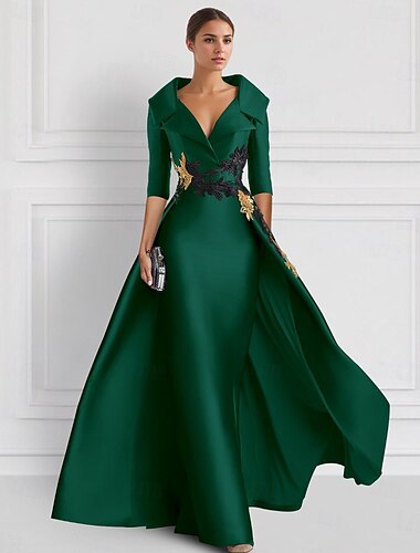  Rot A-Linie Vintage Besticktes Abendkleid Elegantes Kleid Smoking Kleid Formal Bodenlänge 3/4 Länge Ärmel Hemdkragen Satin mit Applikationen 2025