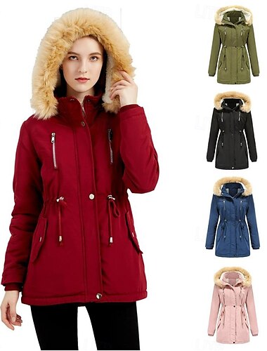  Damen Wintermantel Windundurchlässig warm halten Zip Knopf Outdoor Feste Farbe Arbeit Casual Einreihiger Verschluss Kapuzenpullover Lockere Passform Langarm Oberbekleidung Schwarz Rosa Wein Winter