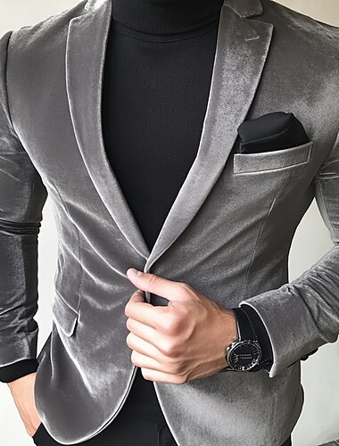  Blazer en velours pour hommes veste de sport mode décontractée couleur unie gris ajustement standard à bouton unique