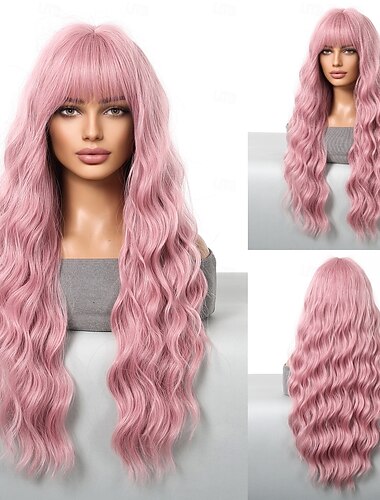  Synthetische Perücken Uniformen Karriere Kostüme Prinzessin Locken Wellen Mittelteil Stufenhaarschnitt Mit Pony Maschinell gefertigt Perücke 26 Zoll Rosa + Red Synthetische Haare Damen Cosplay Party