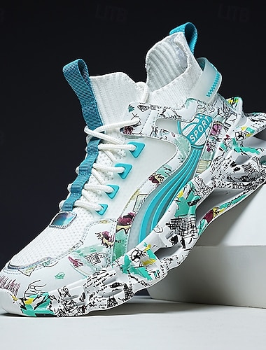  baskets montantes à motif graffiti pour hommes – chaussures de sport streetwear colorées avec fermeture à lacets, tige en mesh respirant pour une tenue décontractée et sportive