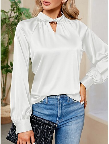  Women's Satin Shirt Blouse Party Work Ladies Stylish Long Sleeve Black Fall Winter