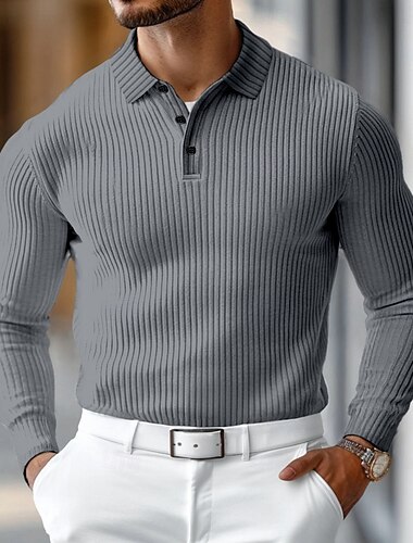 Herren Poloshirts Rippenstrick-Top Geschäft Lässig Gerippter Polokragen Langarm Mode Basic Einfarbig Stricken Herbst Winter Schmale Passform Dunkelgrau Schwarz Weiß Burgunderrot Marineblau Dunkelgrün   Herren Poloshirts Rippenstrick-Top Geschäft Lässig Gerippter Polokragen Langarm Mode Basic Einfarbig Stricken Herbst Winter Schmale Passform Dunkelgrau Schwarz Weiß Burgunderrot Marineblau Dunkelgrün