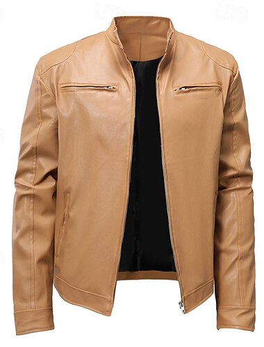 Herren Kunstlederjacke Hemdjacke übergangsjacke Bikerjacke Urlaub Täglich Winddicht Warm Tasche Herbst Winter Einfach Mode Klassisch Stehkragen Regulär Kunstleder Schwarz Khaki Jacken