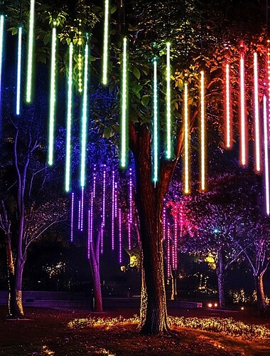  2er-Pack Meteorschauer-Weihnachtsbeleuchtung für den Außenbereich, 30 cm, 8 Röhren, 192 LED-Lichter für fallenden Regen, zum Einstecken von Eiszapfen-Schneekaskaden-Lichterketten für Weihnachtsbaum-Feiertags-Terrassendekorationen