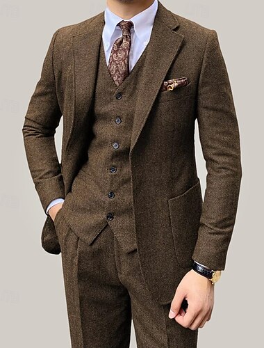  De los hombres Boda Fiesta de Boda Trajes de tweed Marrón Gris Ligero Retro Antiguo Formal Espiga Estándar Juego de 3 piezas Recto 2 botones