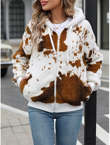  Dámské Fleecová bunda Teddy Coat Mikina s kapucí Zahřívací Prodyšné Zip Kapsy Podšité fleecem Na běžné nošení Tisk krávy Dovolená ulice Denní nošení Jdeme ven Zip Standardní Mikina Běžný Dlouhý rukáv