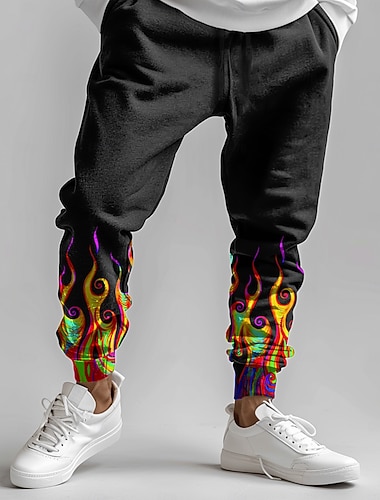  Herre Flamme Joggebukser Jogger Bukser Medium Midje Elastisk midje med snøring Mote Gate Hverdag Lomme Vår Høst Vinter 3D-utskrift Svart
