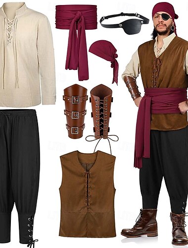  herr 8 st viking pirat outfits dräkter med rustning set retro vintage medeltida renässans 1600-talet riddare ritter ranger elven valhalla för halloween karneval larp ren faire
