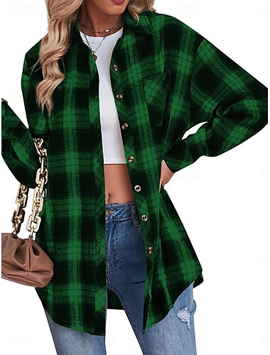  Damen Hemdjacke Shacket warm halten Atmungsaktiv Knopf Tasche Bedruckt Brautkleider schlicht Plaid Urlaub Strasse Freizeitskleidung Ausgehen Einreihiger Verschluss Standard Umlegekragen Regular Fit