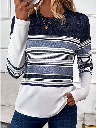  Dames T-shirt Gestreept Casual Lange mouw Strakke ronde hals Normale tops Dagelijks Afdrukken blauw Lente Herfst