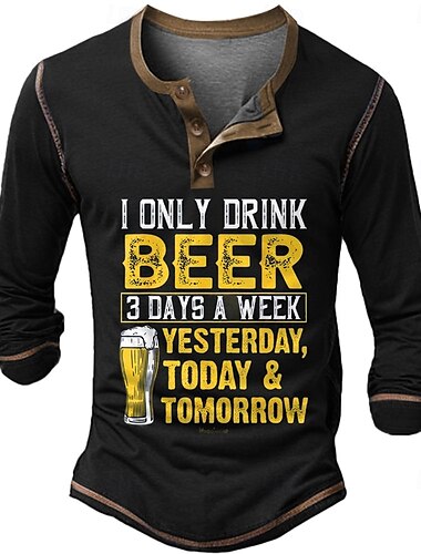  男性用 クリスマス レタード I only drink beer 3 days a week, yesterday, today & tomorrow ヘンリーシャツ 長袖 3Dプリント 日常 おかしい クリスマス パーティー カジュアル 冬 春 & 秋 ブラック ブルー グリーン ヘンリー ヘンリーTシャツ