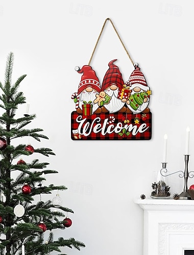  Weihnachts-Willkommensschild aus Holz, Weihnachtsmann-Zwerg, Hängeschild, Weihnachtstürschild mit Seilen, Hängedekoration für Weihnachten, Haustür, Veranda, Bauernhaus, Outdoor-Wohndeko