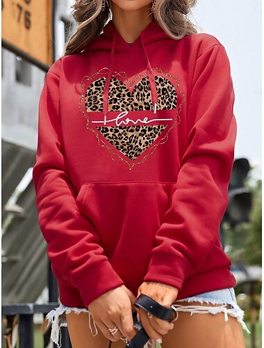  Damen Hoodie Sweatshirt Kapuze Polyester Vlies Herz Leopard Strasse Alltagskleidung Tasche Bedruckt Brautkleider schlicht Kapuzenpullover Langarm Mikro-elastisch Herbst Winter