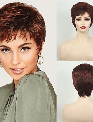  parrucche pixie ricci castano rossiccio per donne bianche capelli bianchi corti e soffici con frangia parrucca sintetica naturale resistente al calore
