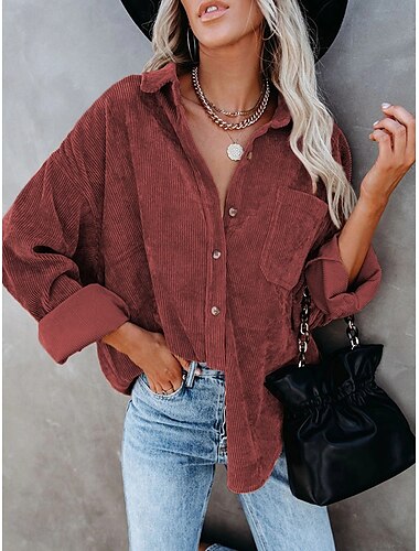  Damen Bluse Feste Farbe Brautkleider schlicht Langarm Hemdkragen Urlaub Ausgehen Tasche Weiß Wein Orange Grün Herbst Winter