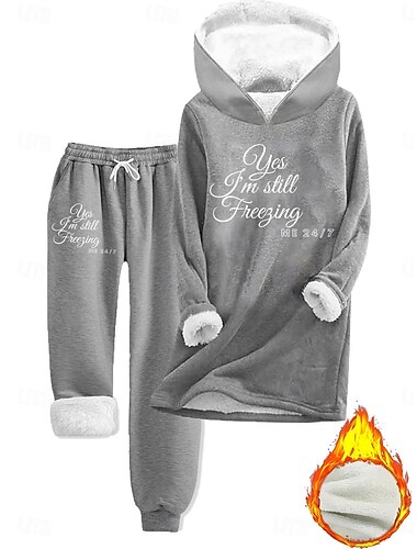  Damen 2-teiliges flauschiges Pyjama-Set langärmliges Oberteil und Hose Textdruck Komfort lässige Nachtwäsche mit Zugband einfarbig gemütlich Winter