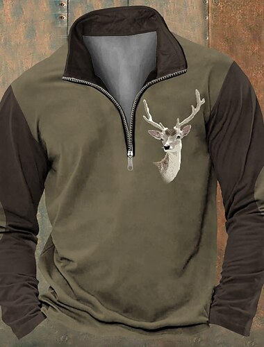 Herren Jagd Hirsch Sweatshirts Sweatshirt mit Viertelreißverschluss Langarm Sweatshirt Zip Vintage-Retro Western-Cowboy 3d Drucken Klettern Jagd Winter Frühling & Herbst