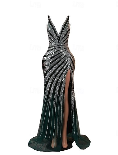  Meerjungfrau-Abendkleid in Gold mit Pailletten, elegantes Kleid für Abendparty, Verlobung, Hofschleppe, ärmellos, Queen Anne, Herbst, Hochzeitsgast, rückenfrei, mit Perlen besetzt, Pailletten,