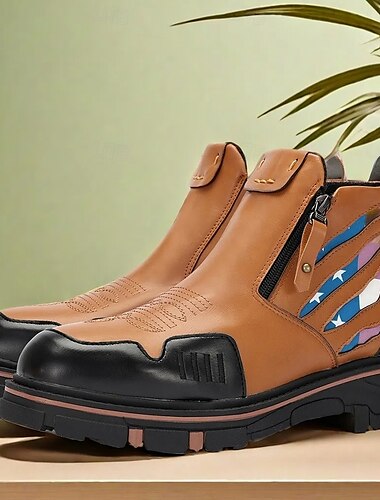  botas de trabalho masculinas vintage de couro sintético marrom com sola vibram e zíper lateral patriótico - calçados duráveis e elegantes para atividades ao ar livre